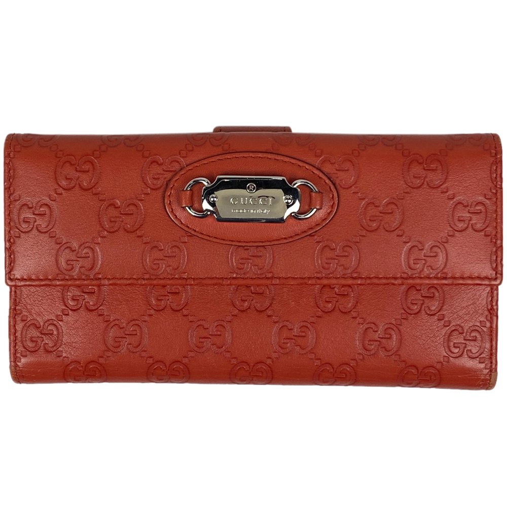 Gucci Logo Plate Long Wallet Billfold Coin Purse Trifold Shima Leather Red